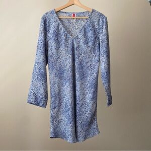 Natori Josie V Neck Long Sleeve Tunic Mini Dress Snake Animal Print Medium Blue